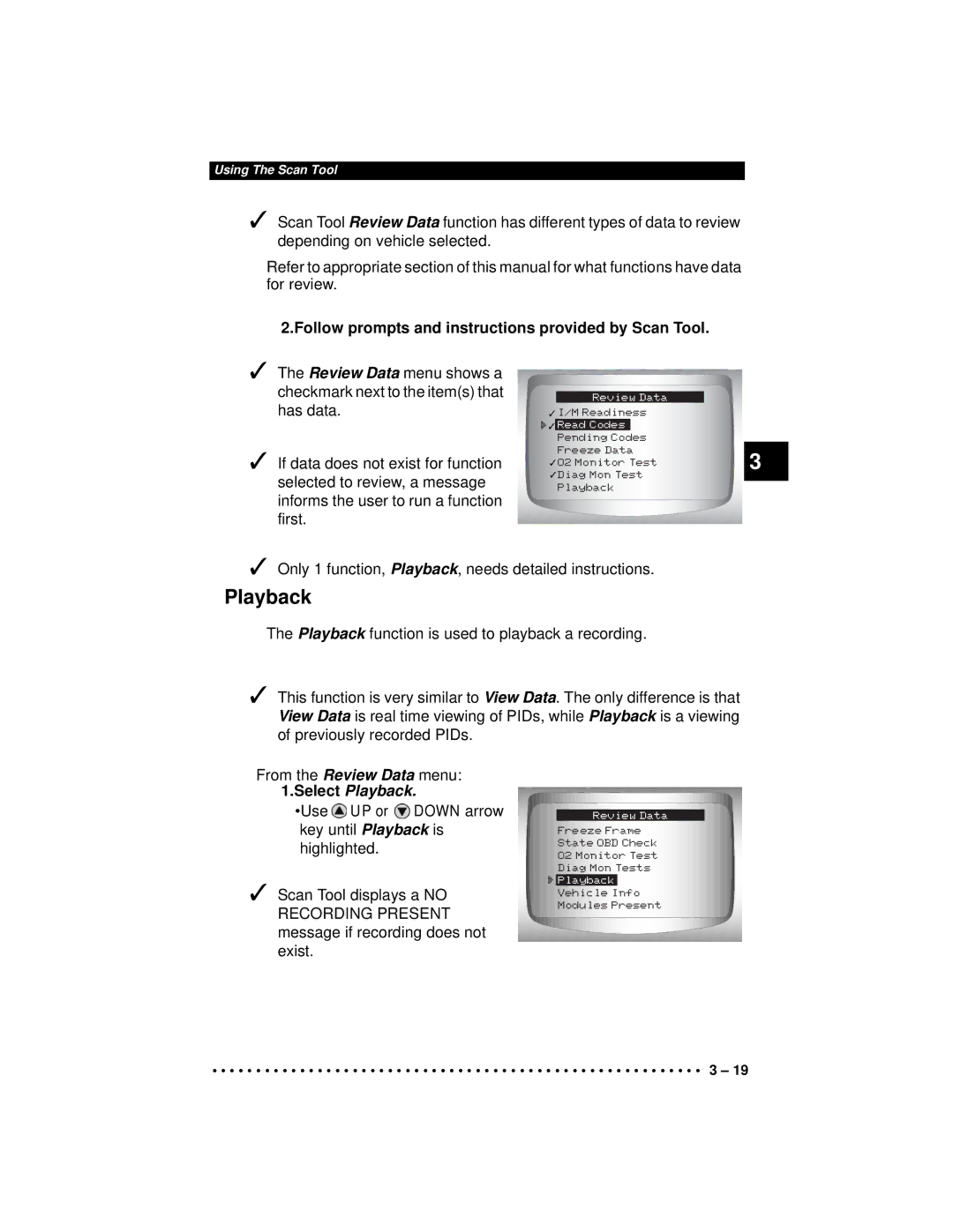 Actron CP9190 manual Follow prompts and instructions provided by Scan Tool, Select Playback 