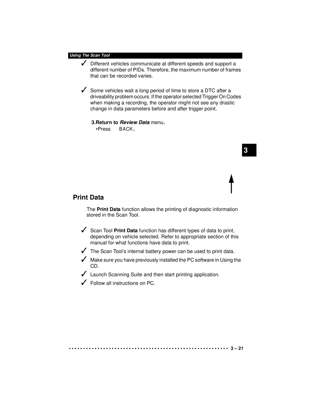 Actron CP9190 manual Print Data, Return to Review Data menu. Press Back 