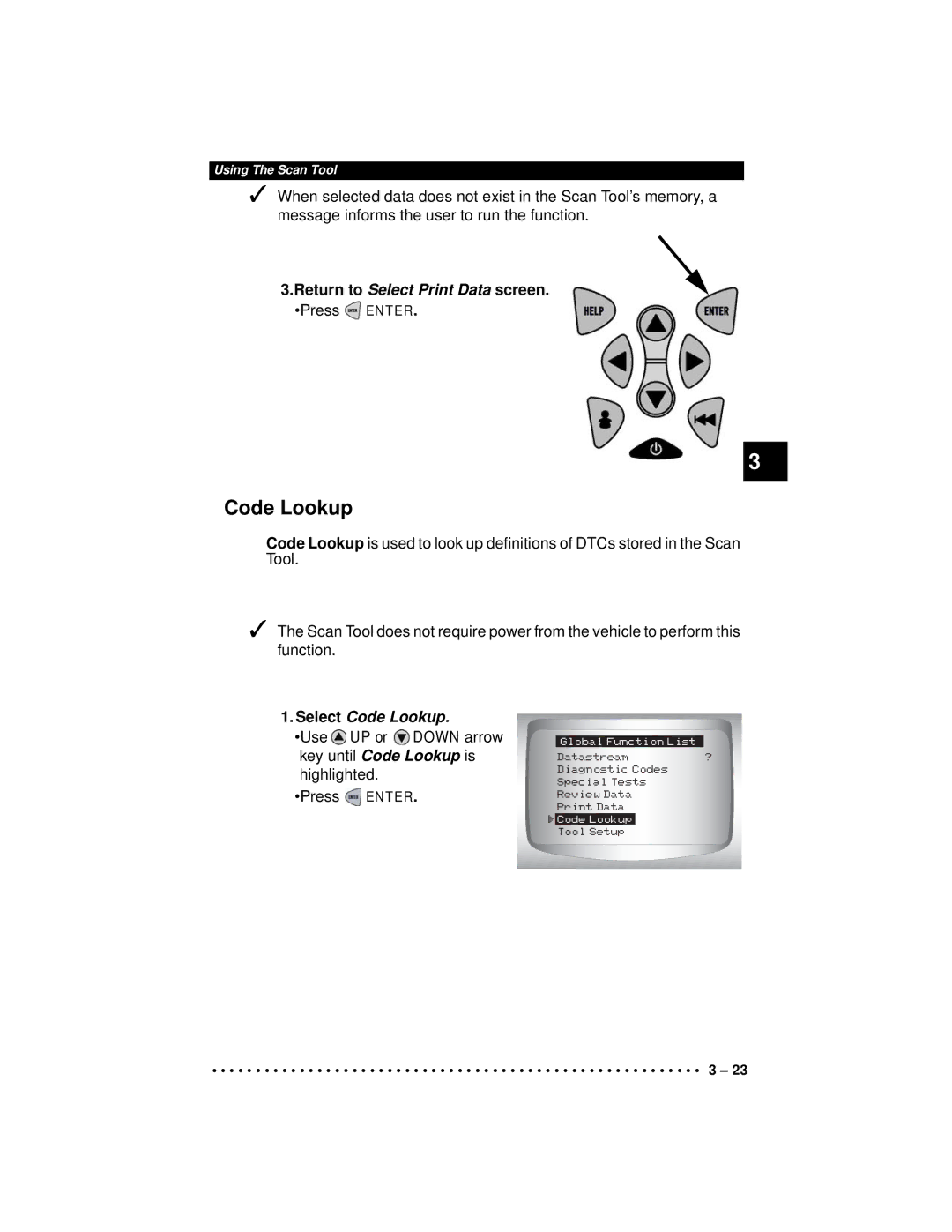 Actron CP9190 manual Return to Select Print Data screen, Select Code Lookup 