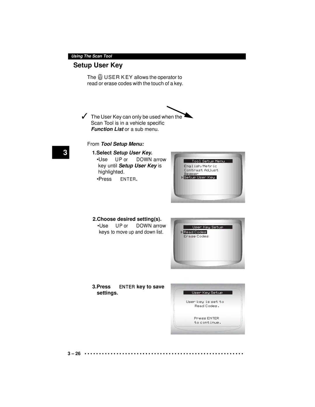 Actron CP9190 manual From Tool Setup Menu, Select Setup User Key, Key until Setup User Key is 