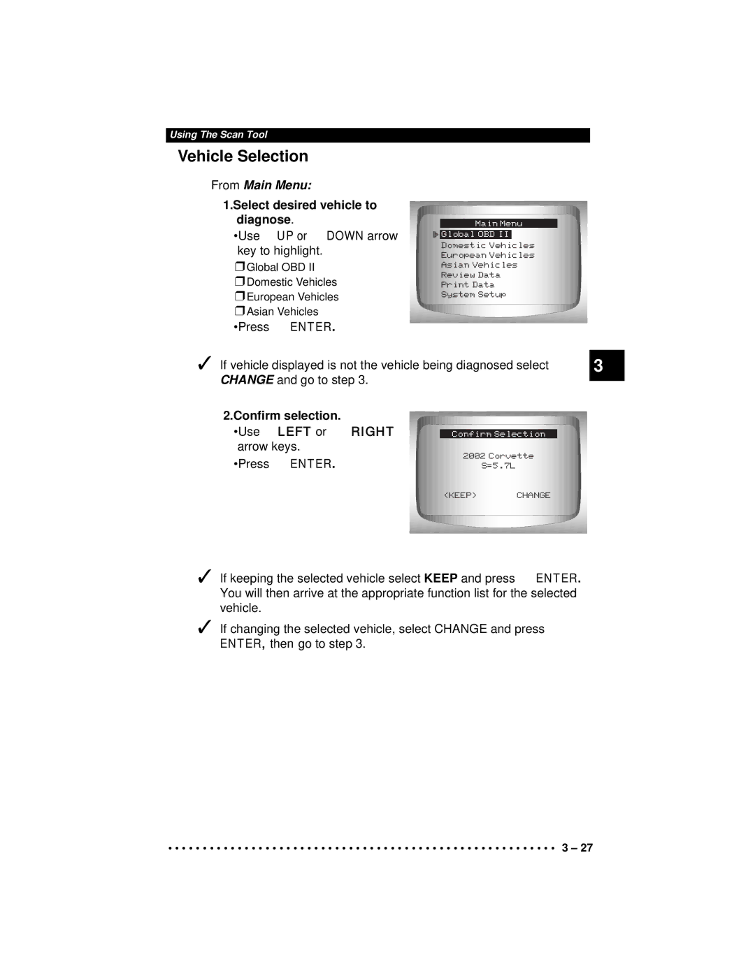 Actron CP9190 Vehicle Selection, From Main Menu, Select desired vehicle to diagnose, Confirm selection, Left or Right 