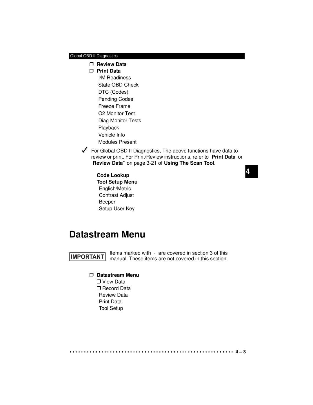 Actron CP9190 manual Datastream Menu, Code Lookup Tool Setup Menu 