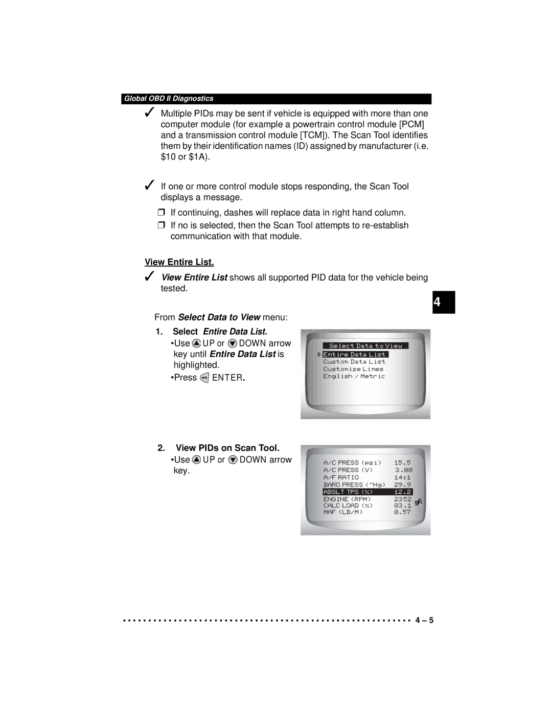 Actron CP9190 manual View Entire List, From Select Data to View menu Select Entire Data List 