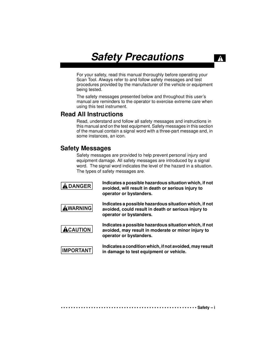 Actron CP9190 manual Safety Precautions 