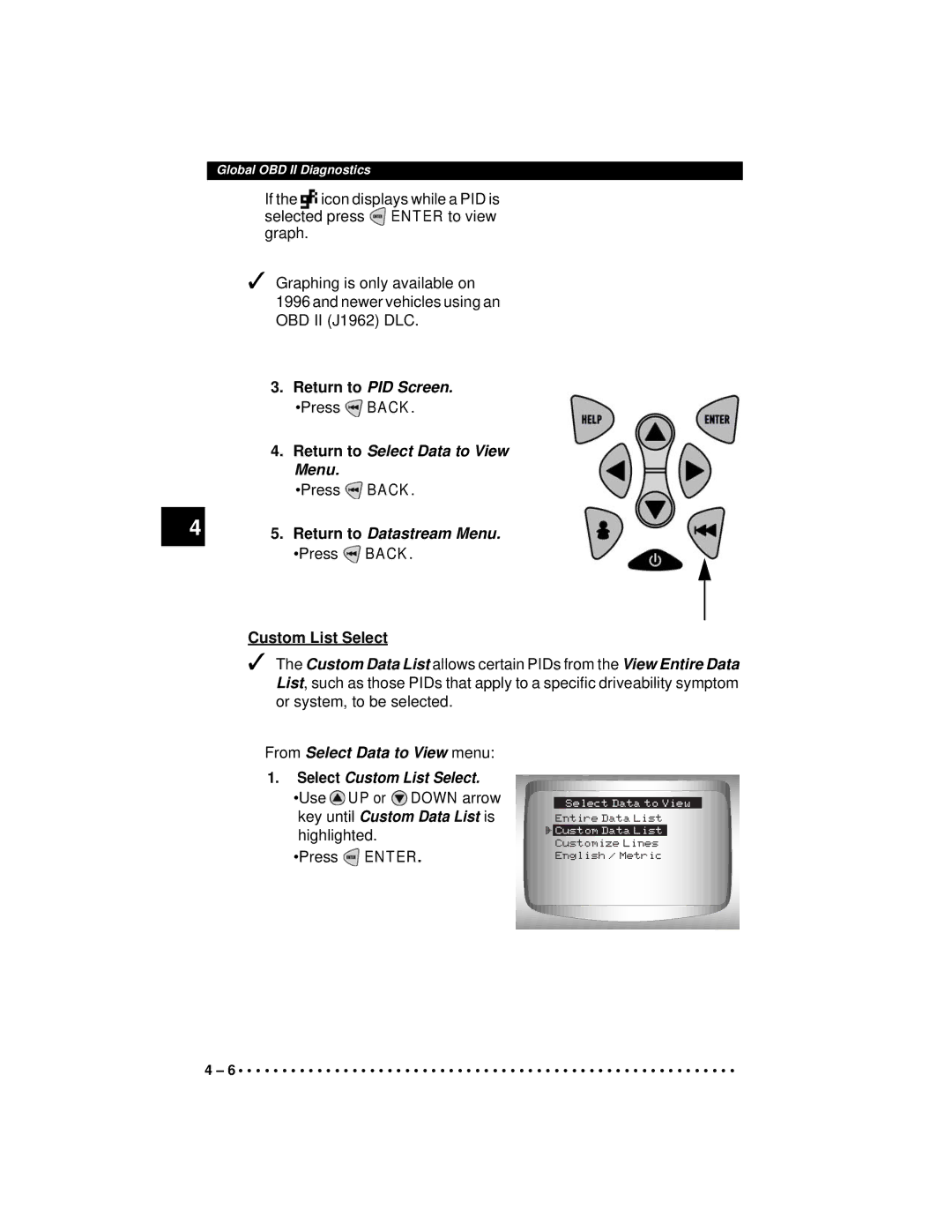 Actron CP9190 manual Return to Datastream Menu, Press Back, Custom List Select 