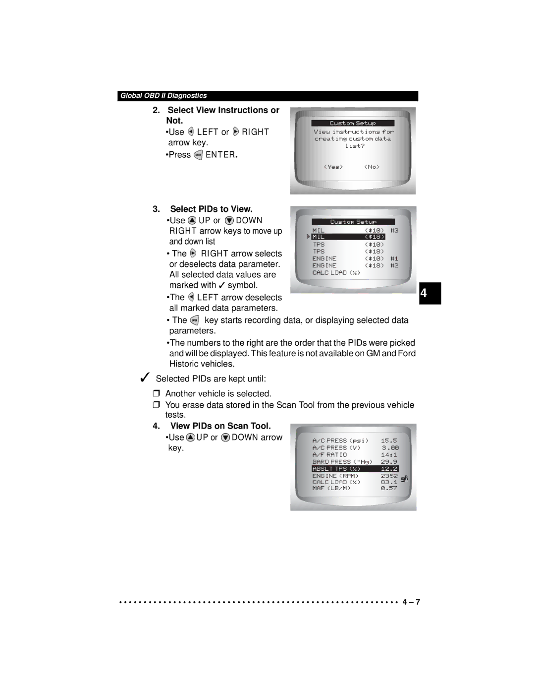 Actron CP9190 manual Select View Instructions or Not, Select PIDs to View 