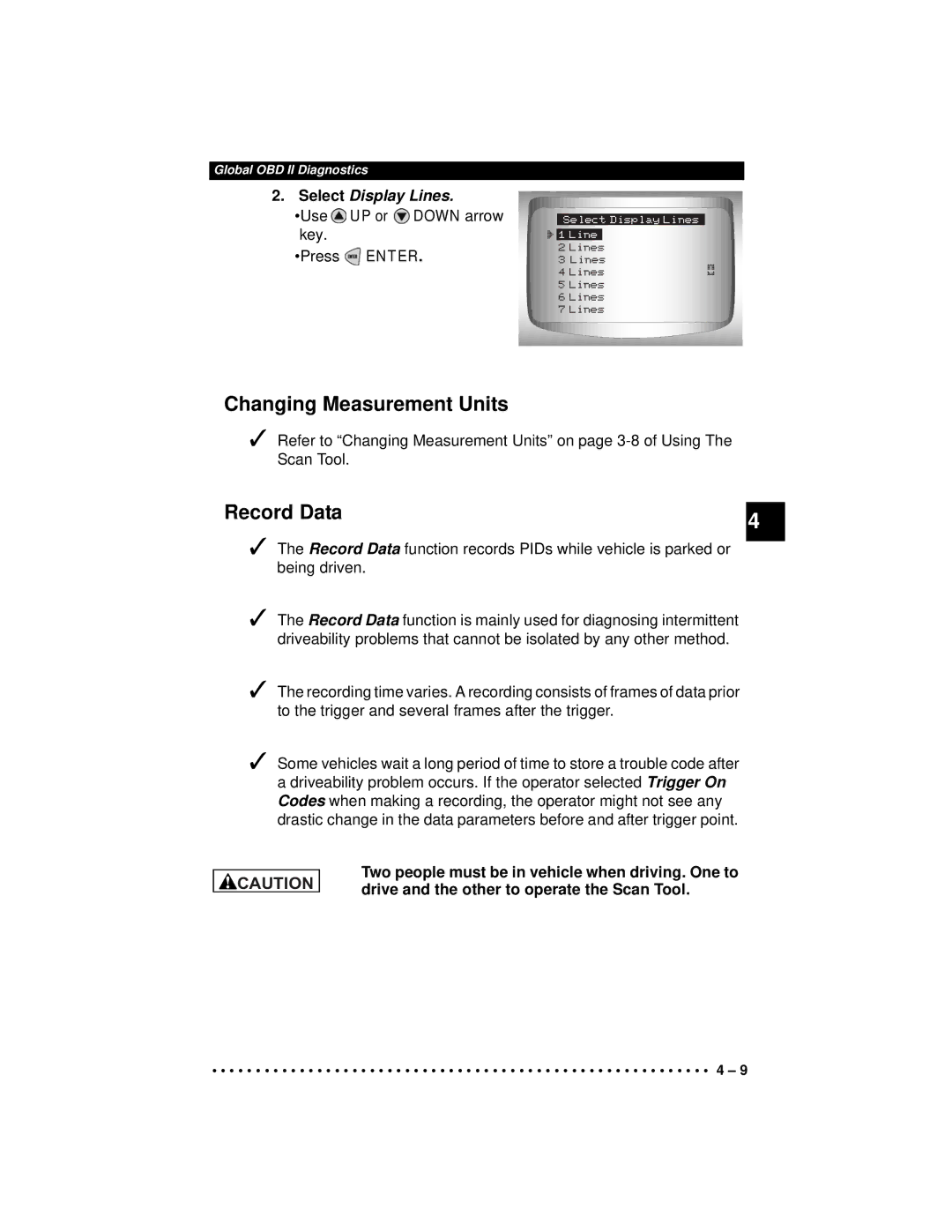 Actron CP9190 manual Record Data, Select Display Lines 