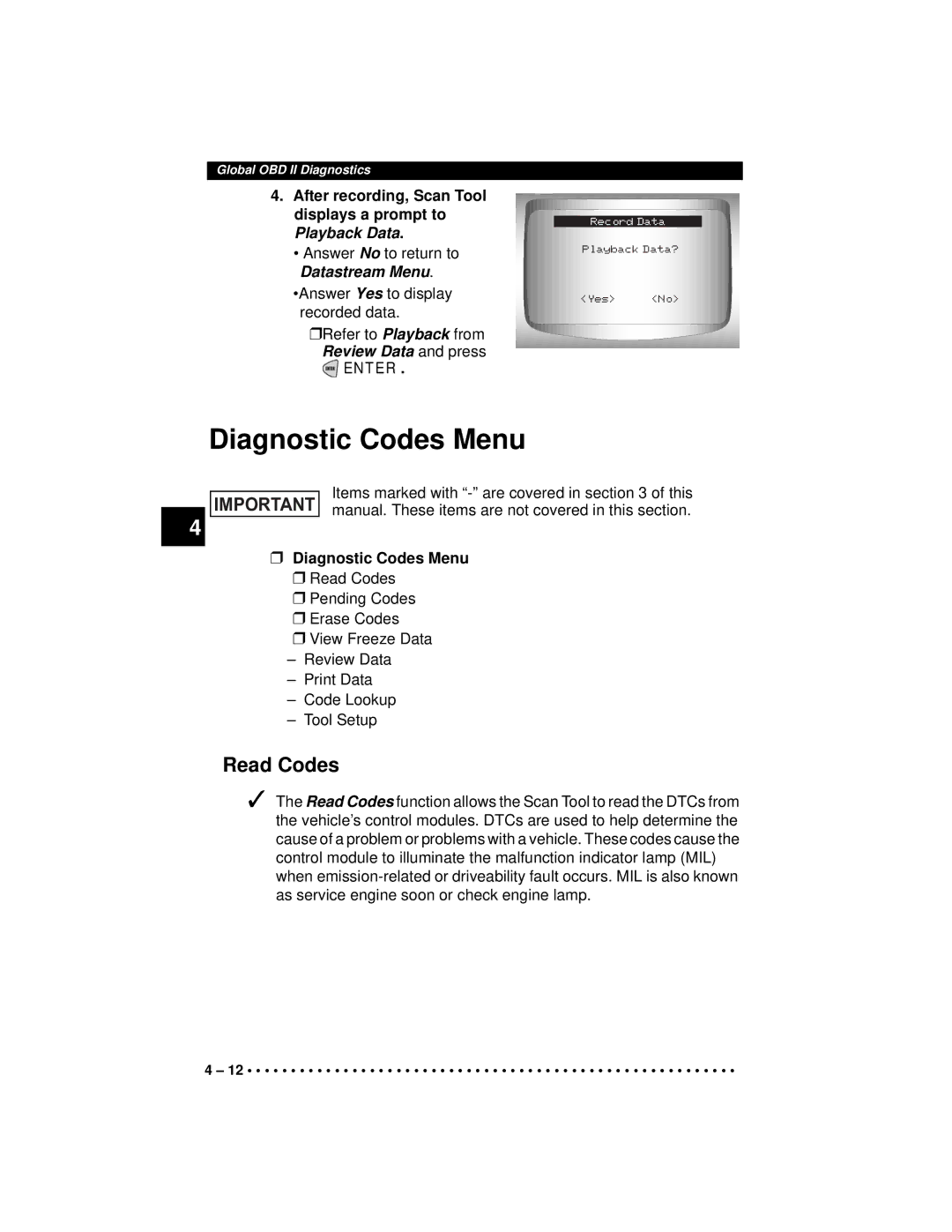 Actron CP9190 manual Diagnostic Codes Menu, Read Codes 