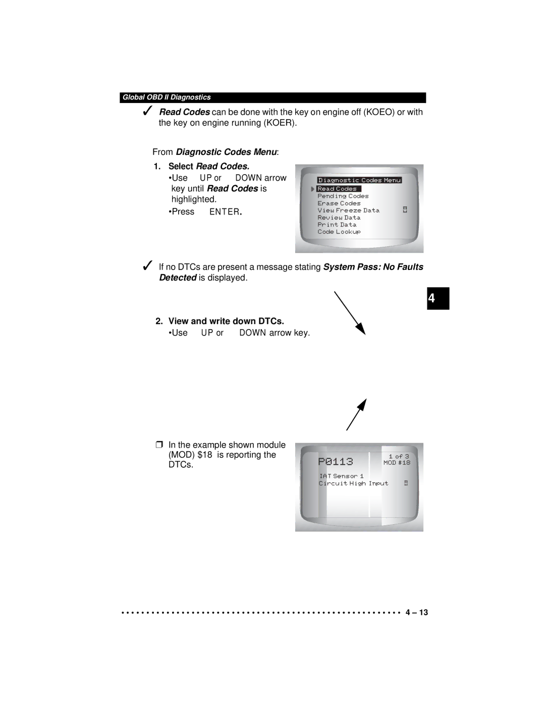 Actron CP9190 manual From Diagnostic Codes Menu Select Read Codes, View and write down DTCs 