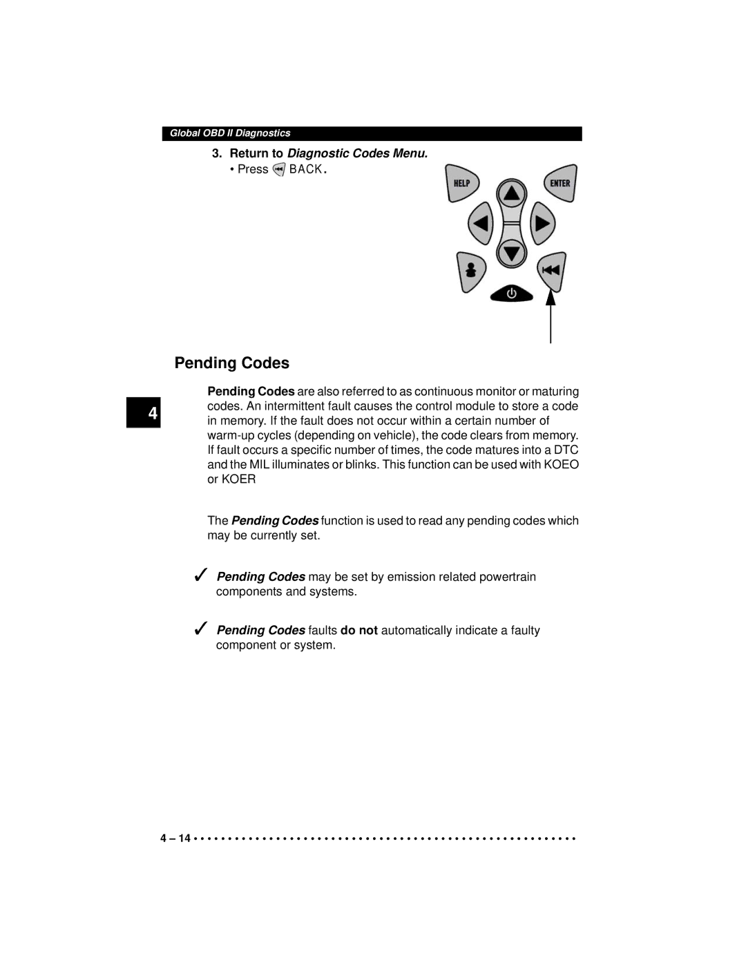 Actron CP9190 manual Pending Codes, Return to Diagnostic Codes Menu 