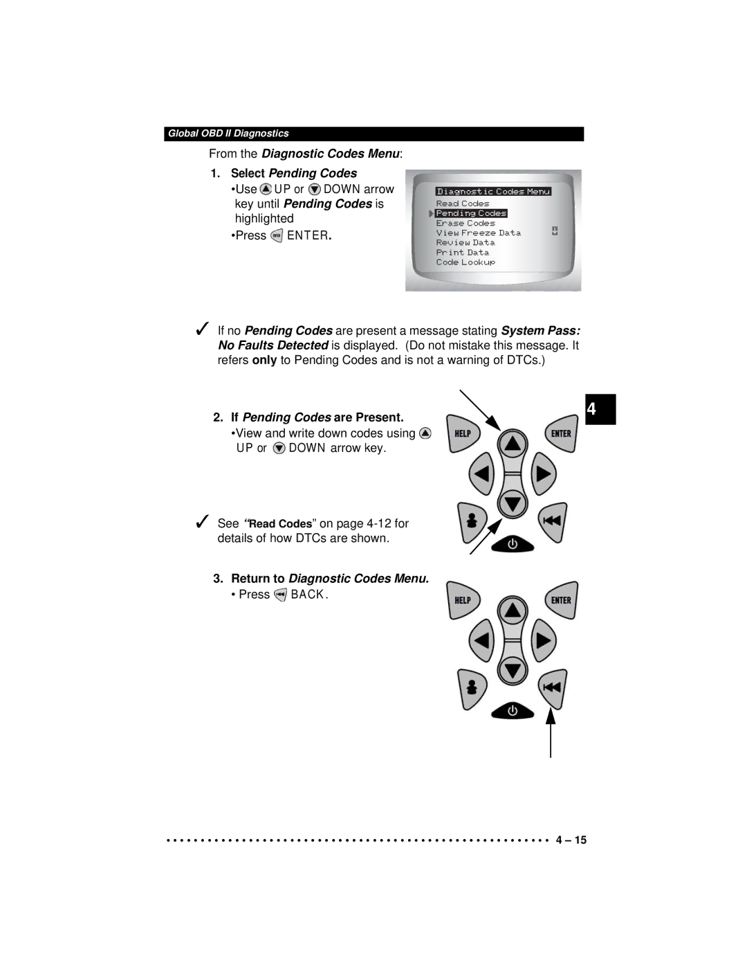 Actron CP9190 manual From the Diagnostic Codes Menu Select Pending Codes, If Pending Codes are Present 