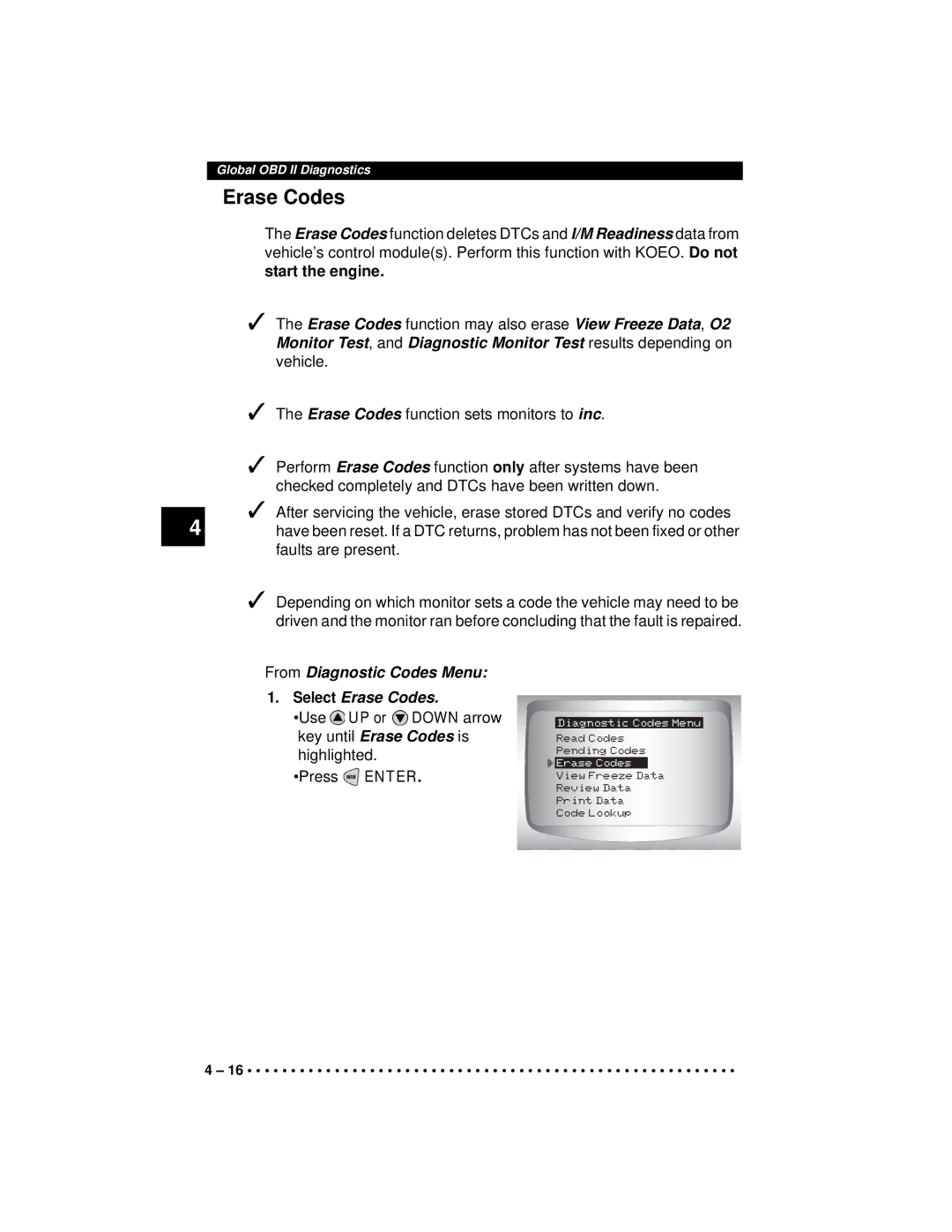 Actron CP9190 manual From Diagnostic Codes Menu Select Erase Codes 