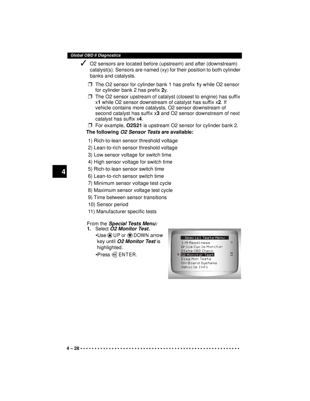 Actron CP9190 manual Following O2 Sensor Tests are available 