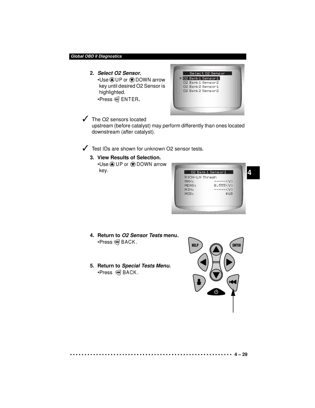 Actron CP9190 manual Select O2 Sensor, UP or Down arrow 