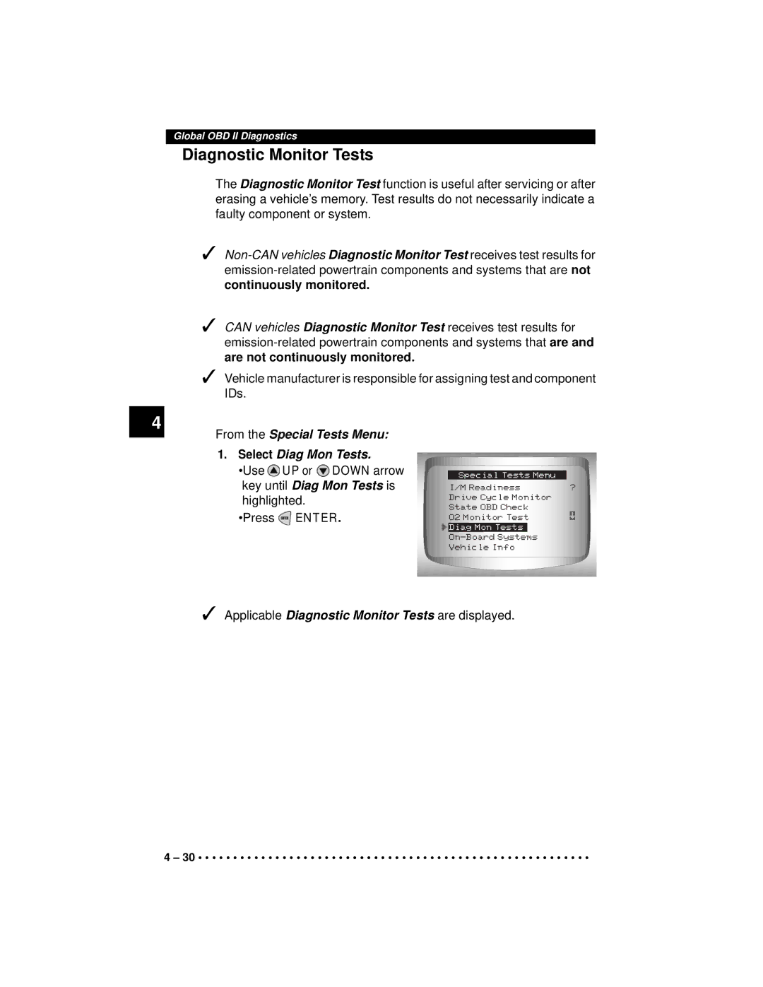 Actron CP9190 manual Diagnostic Monitor Tests, From the Special Tests Menu Select Diag Mon Tests 