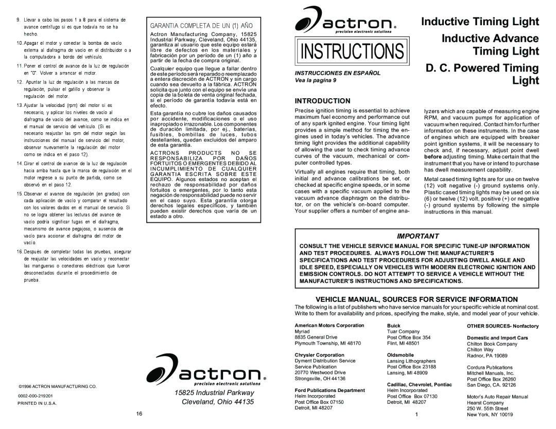 Actron Inductive Timing Light service manual Introduction, Vehicle MANUAL, Sources for Service Information 