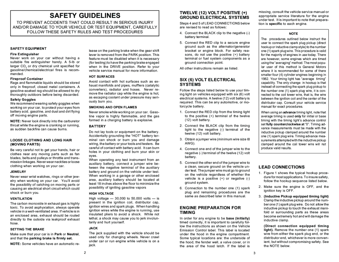 Actron Inductive Timing Light Safety Guidelines, SIX 6 Volt Electrical Systems, Engine Preparation for Timing 