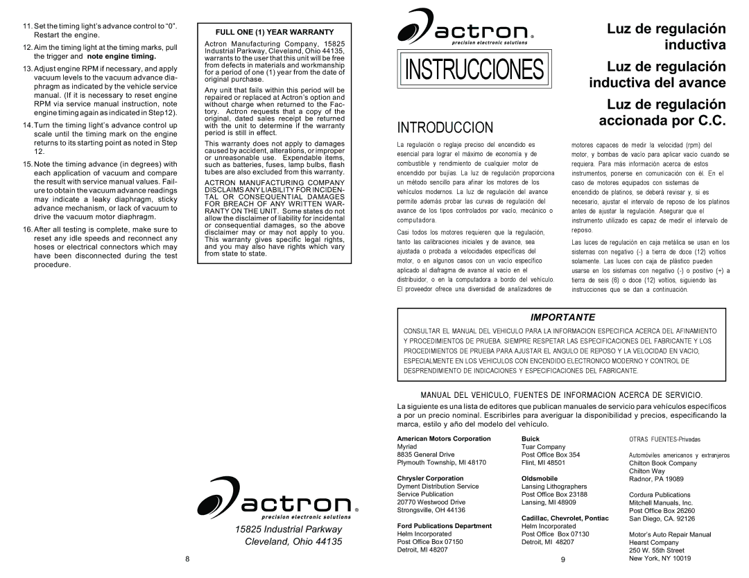 Actron Inductive Timing Light Introduccion, Importante, Industrial Parkway Cleveland, Ohio, Full ONE 1 Year Warranty 