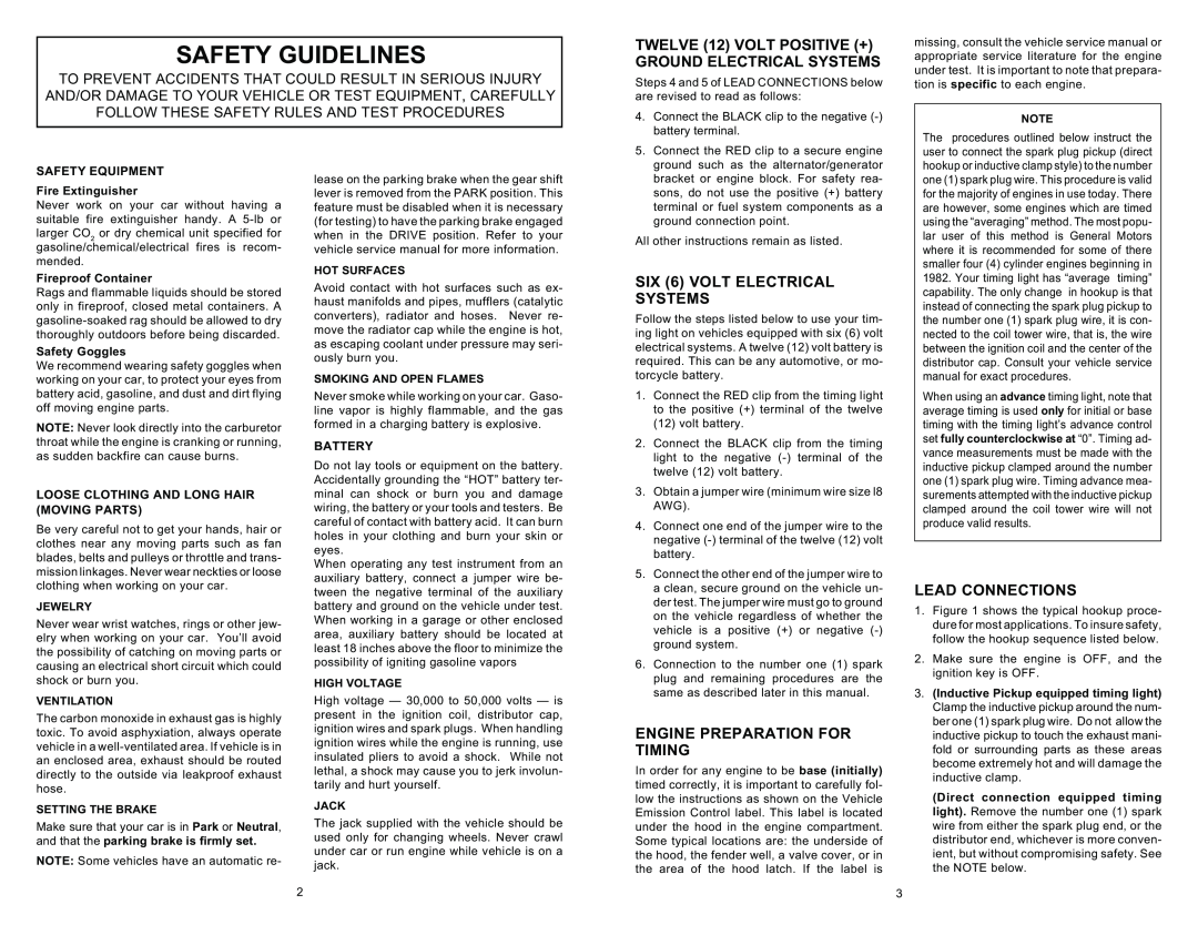 Actron Inductive Timing Light Safety Guidelines, TWELVE 12 VOLT POSITIVE +, Ground Electrical Systems, Lead Connections 