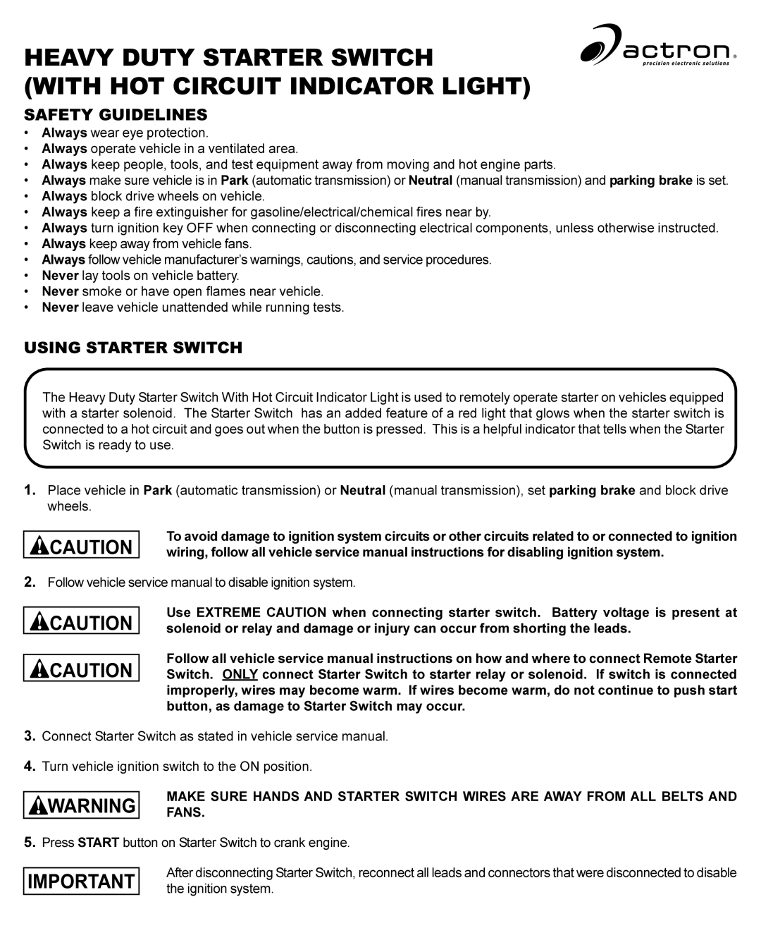 Actron service manual Heavy Duty Starter Switch With HOT Circuit Indicator Light, Safety Guidelines 