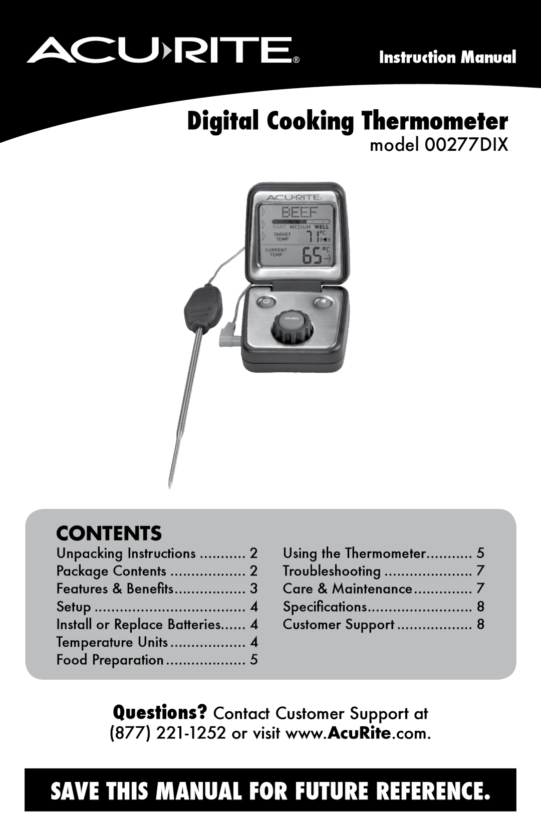 Acu-Rite 00277DIX instruction manual Digital Cooking Thermometer 