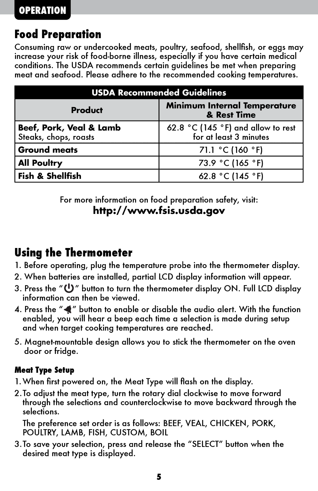 Acu-Rite 00277DIX instruction manual Food Preparation, Using the Thermometer, Meat Type Setup 