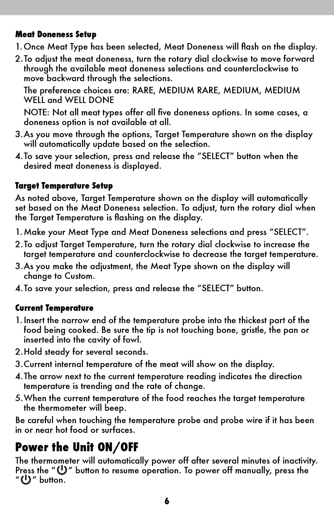 Acu-Rite 00277DIX instruction manual Power the Unit ON/OFF, Meat Doneness Setup, Target Temperature Setup 