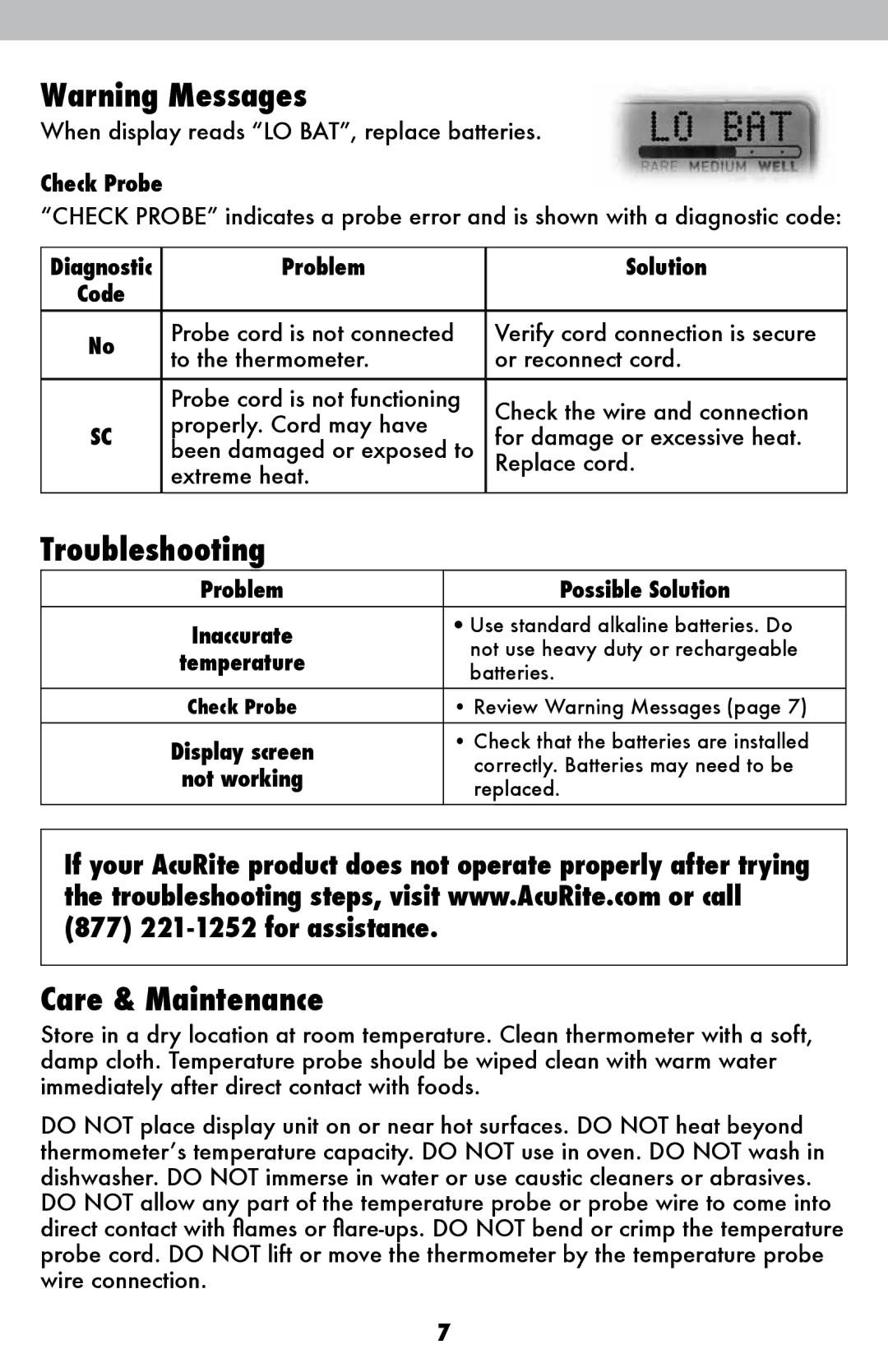 Acu-Rite 00277DIX Troubleshooting, Care & Maintenance, Check Probe, Problem Solution, Problem Possible Solution 