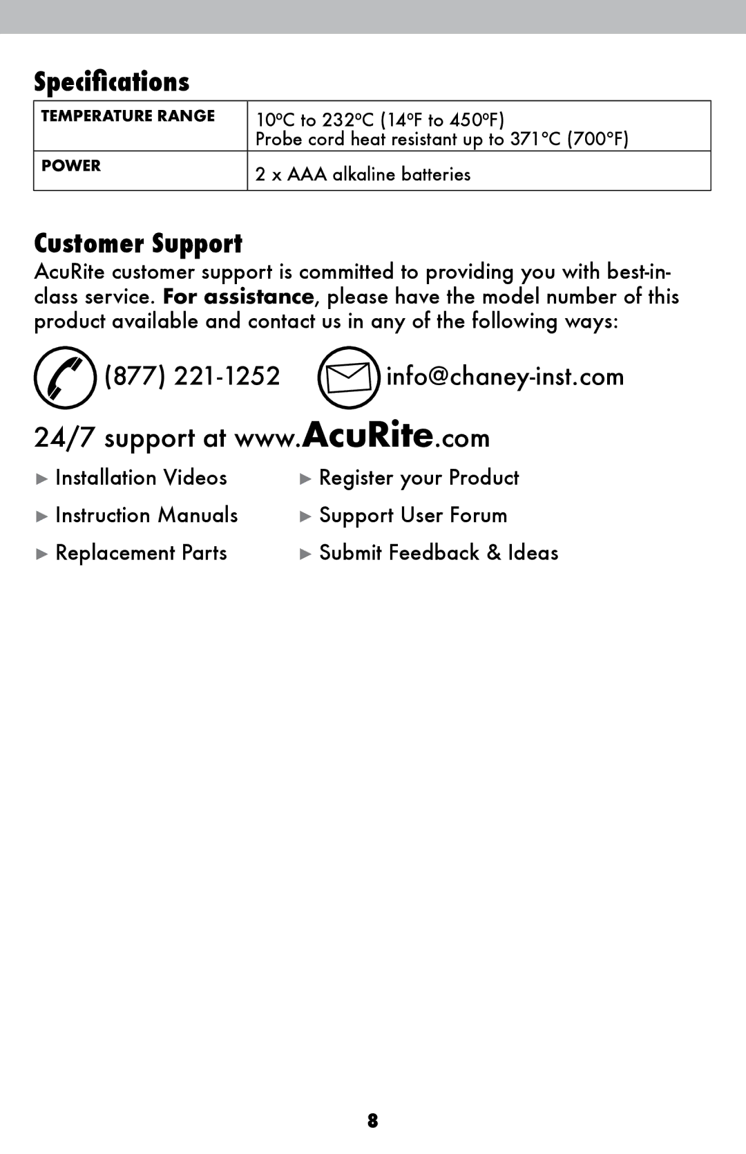 Acu-Rite 00277DIX instruction manual Specifications, Customer Support 