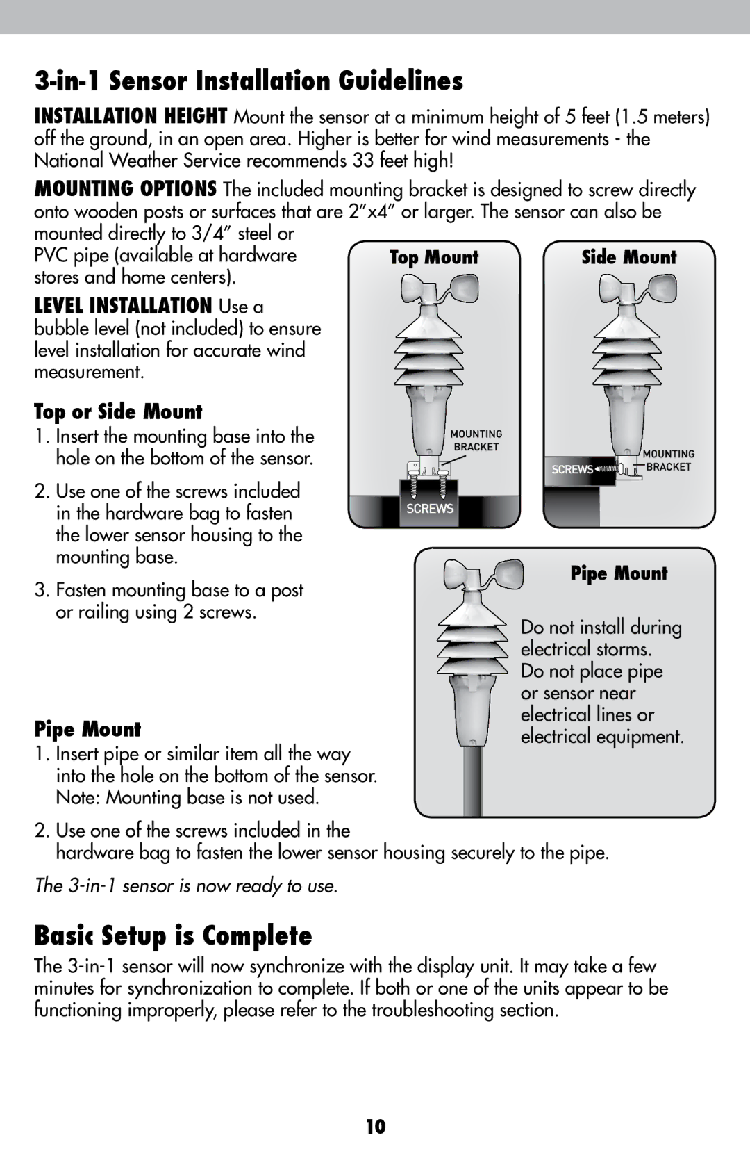 Acu-Rite 00439DI In-1 Sensor Installation Guidelines, Basic Setup is Complete, Top or Side Mount, Pipe Mount 