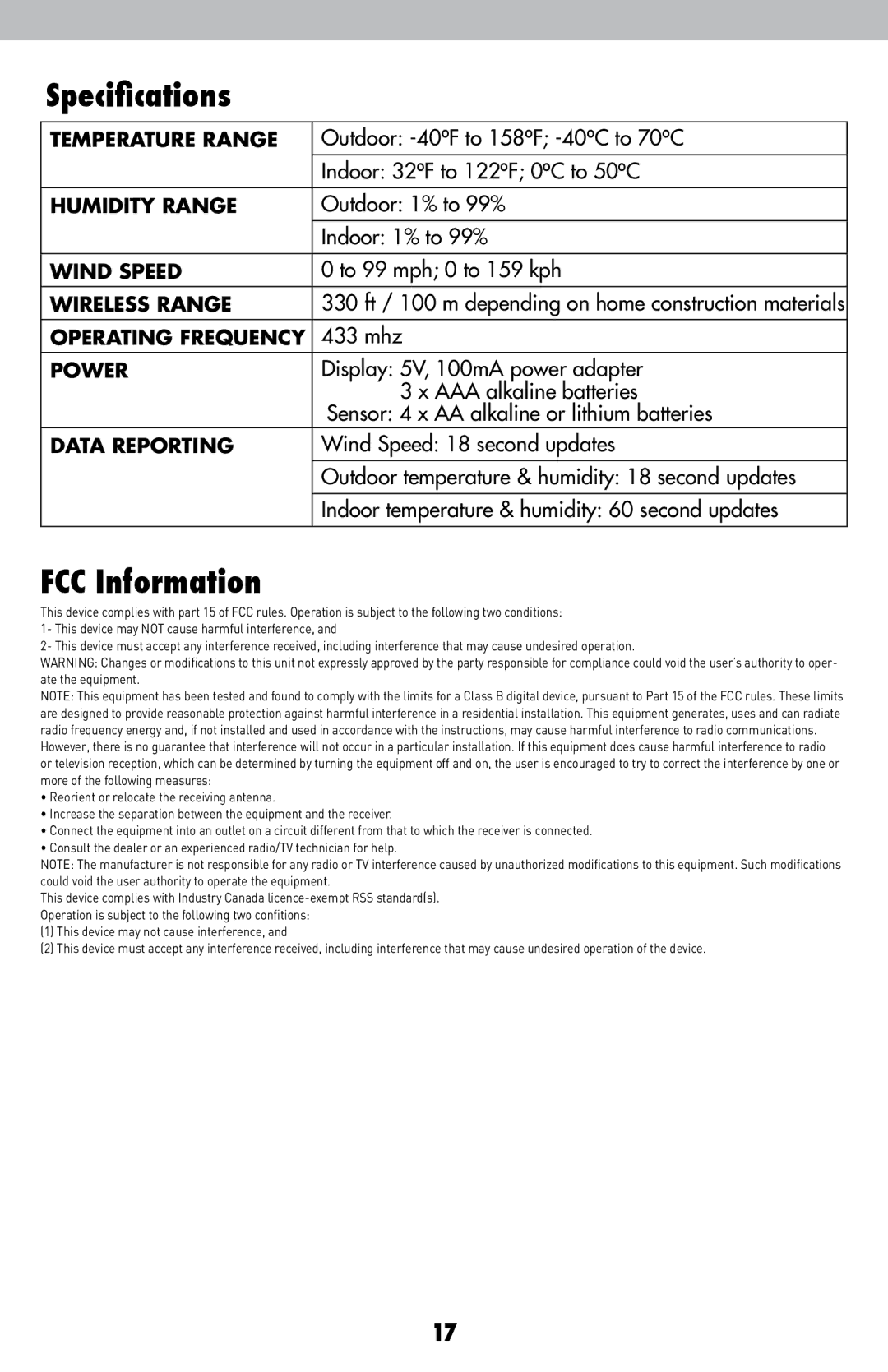 Acu-Rite 00439DI instruction manual Specifications, FCC Information 