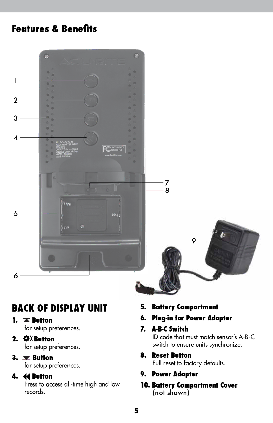 Acu-Rite 00439DI instruction manual Battery Compartment Plug-in for Power Adapter B-C Switch, Reset Button 