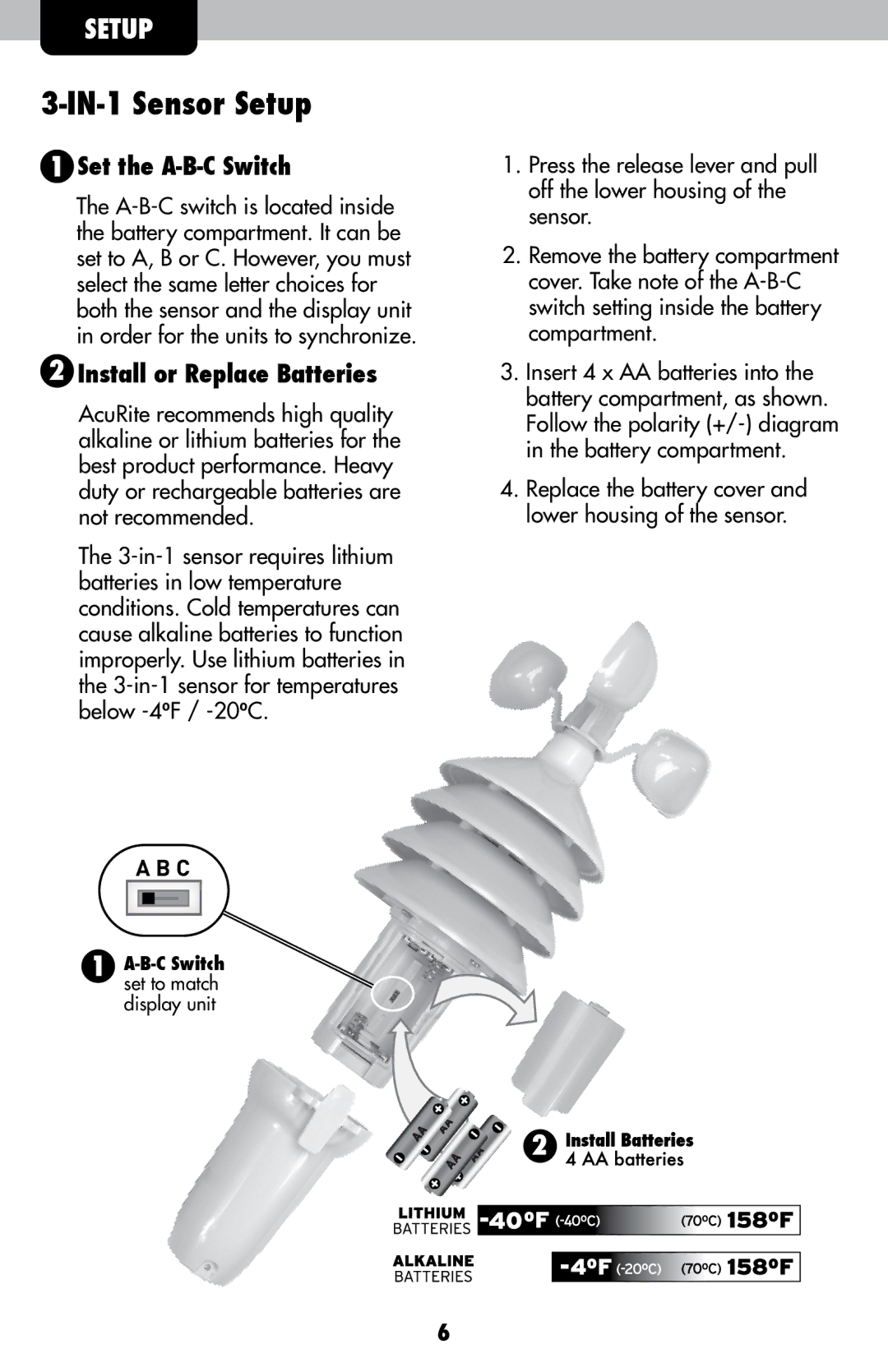 Acu-Rite 00439DI instruction manual IN-1 Sensor Setup, Set the A-B-C Switch, Install or Replace Batteries 