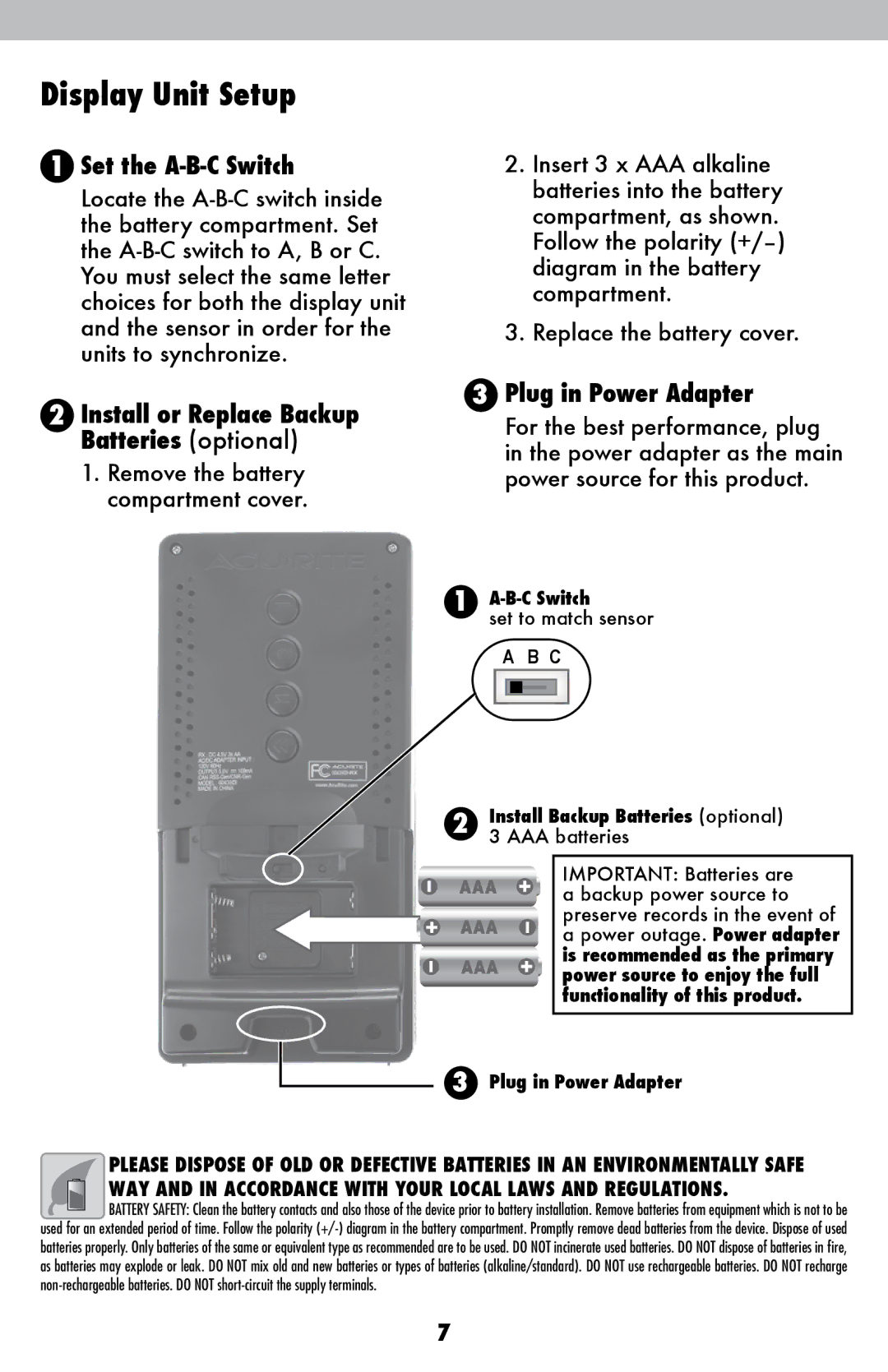 Acu-Rite 00439DI instruction manual Display Unit Setup, Plug in Power Adapter, Install or Replace Backup Batteries optional 