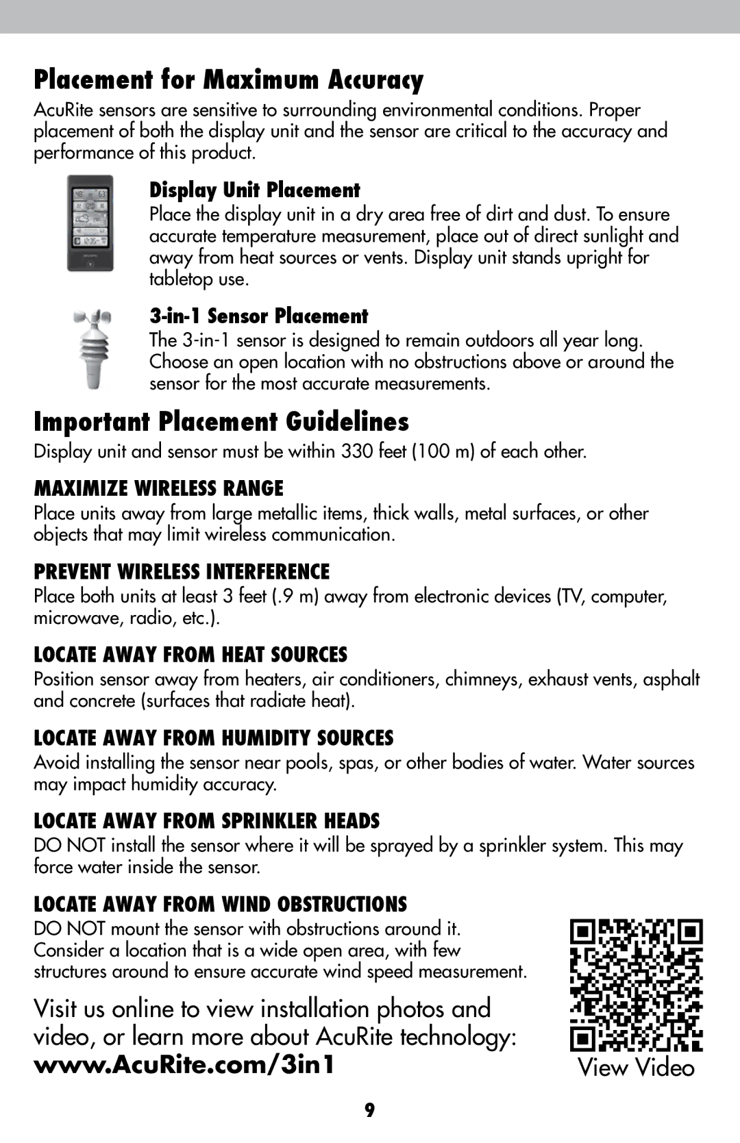 Acu-Rite 00439DI instruction manual Placement for Maximum Accuracy, Important Placement Guidelines, Display Unit Placement 