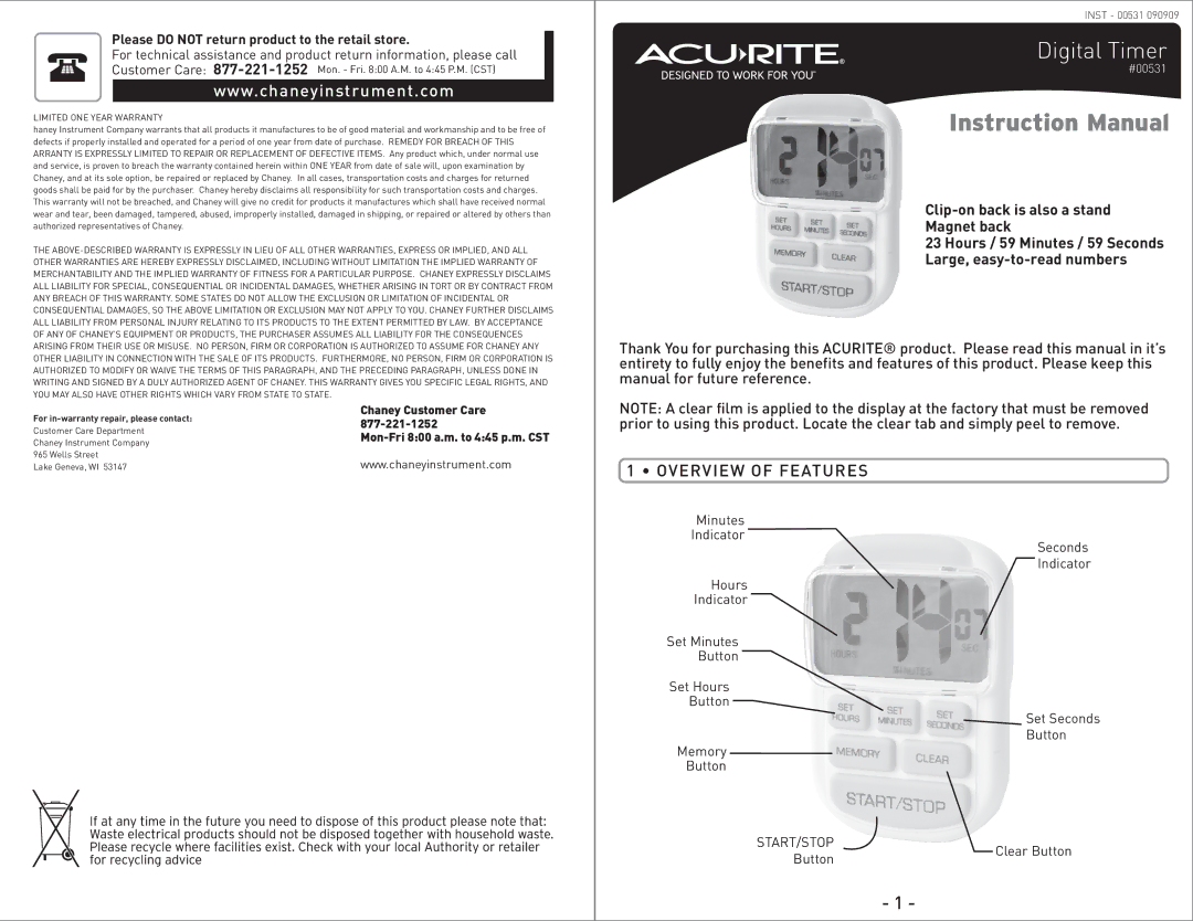 Acu-Rite 00531 090909 instruction manual Digital Timer, Overview of Features, Clip-on back is also a stand Magnet back 