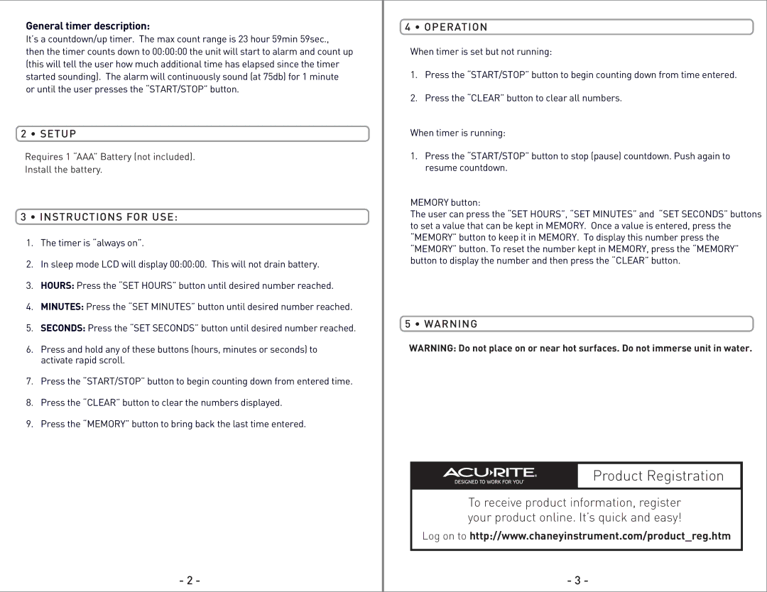 Acu-Rite 00531 090909 instruction manual General timer description, Setup, Instructions for USE, Operation 