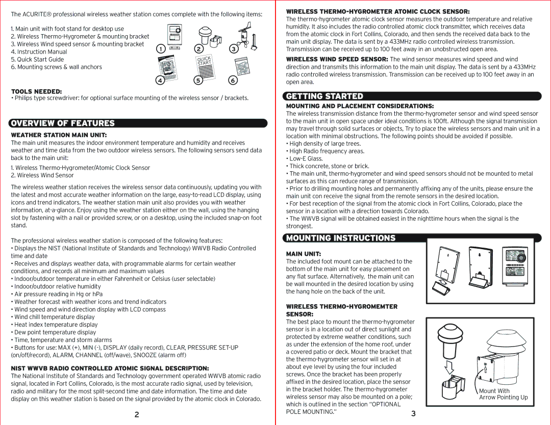 Acu-Rite 00594W instruction manual Overview of Features, Getting Started, Mounting Instructions 