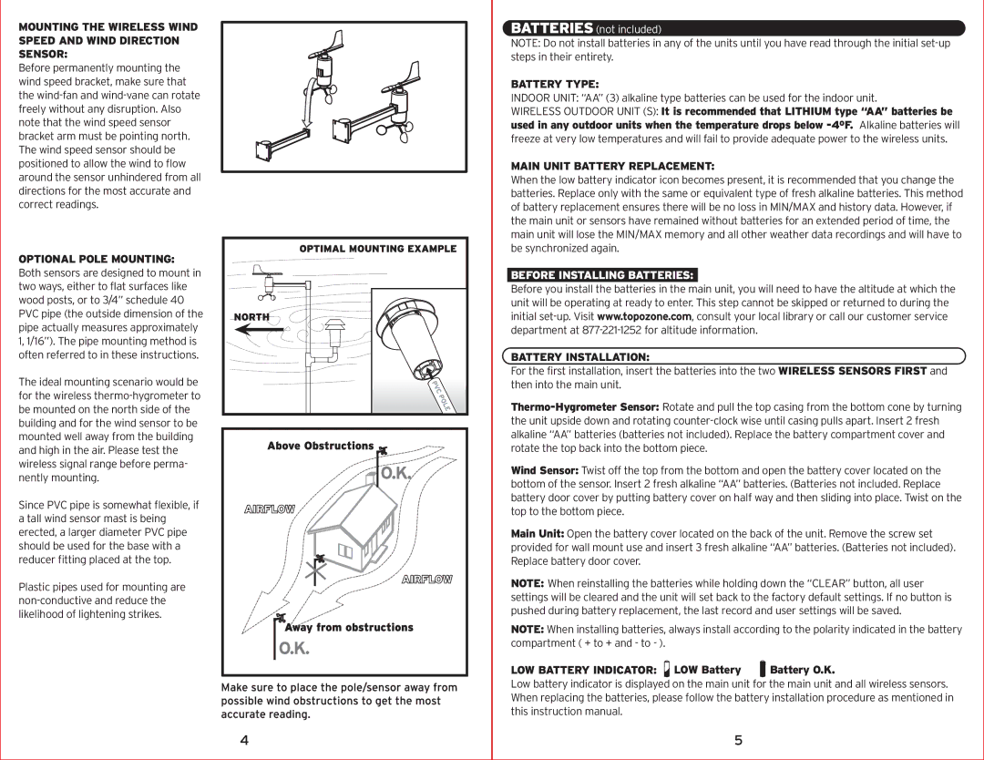 Acu-Rite 00594W Mounting the Wireless Wind Speed and Wind Direction Sensor, Battery Type, Main Unit Battery Replacement 