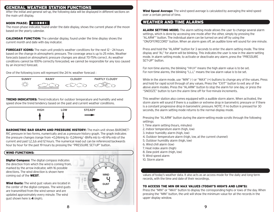 Acu-Rite 00594W General Weather Station Functions, Weather and Time Alarms, Minimum & Maximum Record Mode 