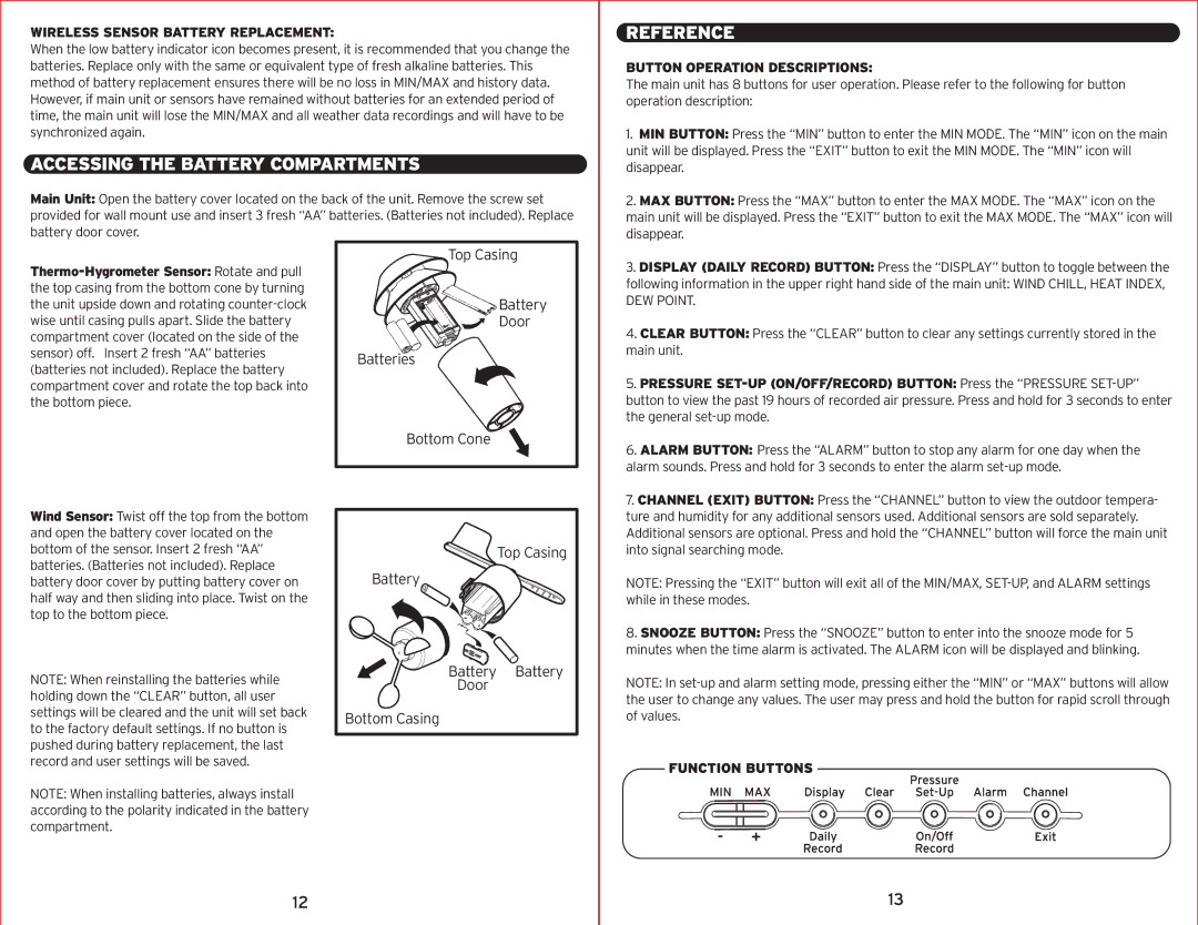 Acu-Rite 00594W instruction manual Accessing the Battery Compartments, Reference, Wireless Sensor Battery Replacement 