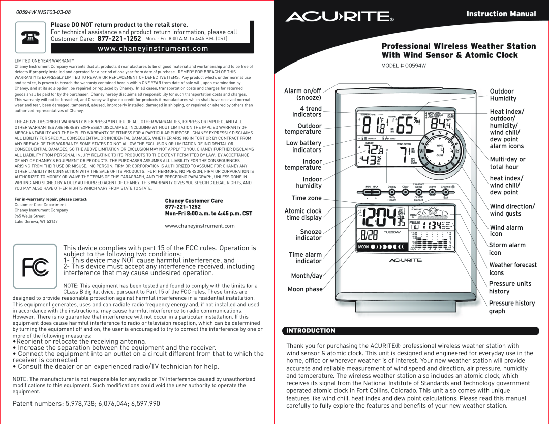 Acu-Rite 00594W instruction manual Professional WIreless Weather Station, With Wind Sensor & Atomic Clock 