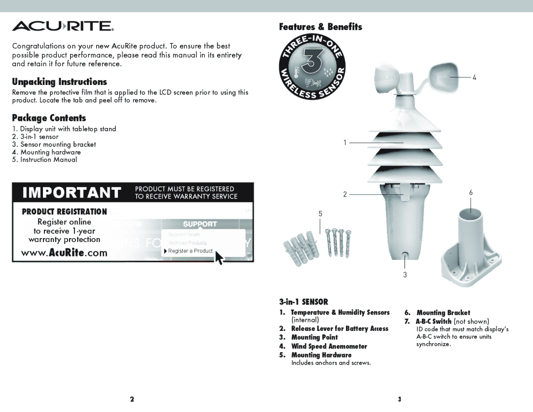 Acu-Rite 00608BPDI instruction manual Unpacking Instructions, Package Contents, Features & Benefits 