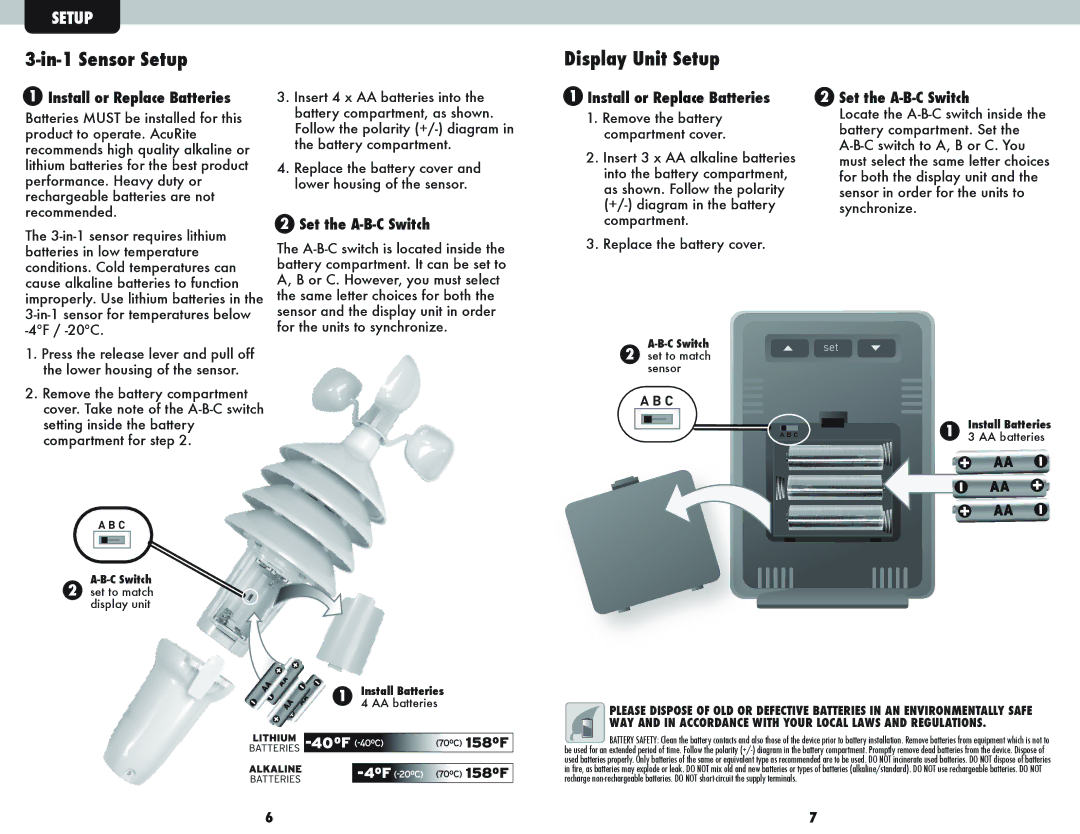 Acu-Rite 00608BPDI In-1 Sensor Setup, Display Unit Setup, Install or Replace Batteries, Set the A-B-C Switch 