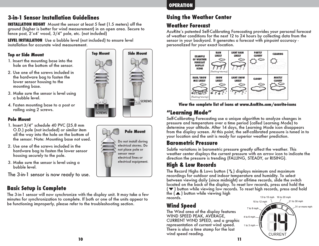 Acu-Rite 00608BPDI In-1 Sensor Installation Guidelines, Basic Setup is Complete, Using the Weather Center Weather Forecast 