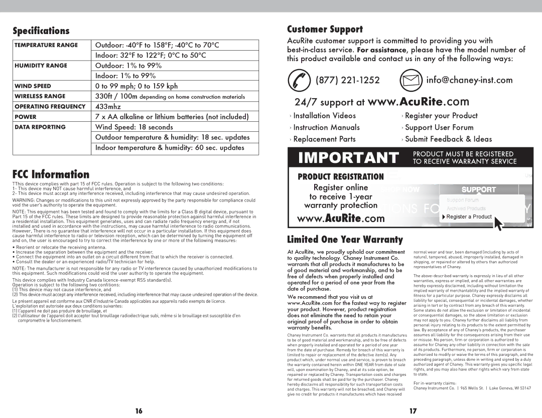 Acu-Rite 00608BPDI instruction manual Specifications, Customer Support 