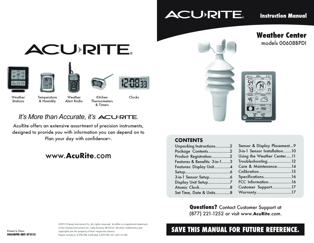 Acu-Rite instruction manual Contents, models 00608BPDI, Weather Center, Save This Manual For Future Reference 