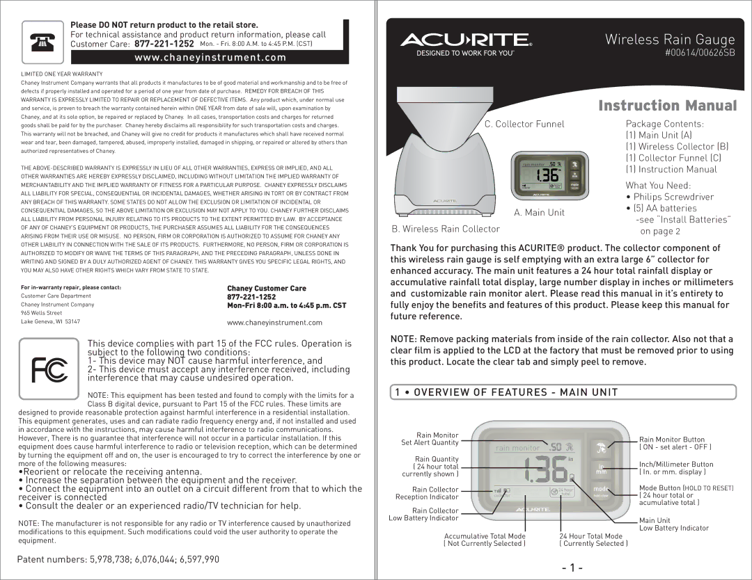 Acu-Rite 00614/00626SB instruction manual Overview of Features Main Unit, Please do not return product to the retail store 