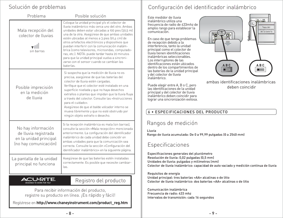 Acu-Rite 00614/00626SB instruction manual Rangos de medición, Especificaciones DEL Producto 