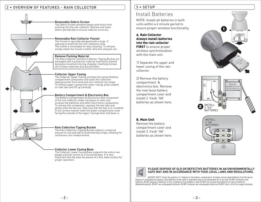 Acu-Rite 00614/00626SB instruction manual Install Batteries, Overview of Features Rain Collector, Setup 